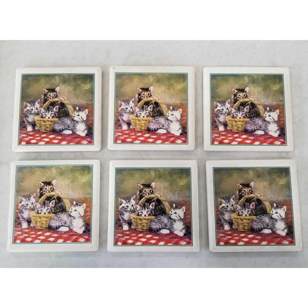 Stone Art Set of 6 Absorbent Stone Coasters "Cute Cats/Kittens" Preowned
